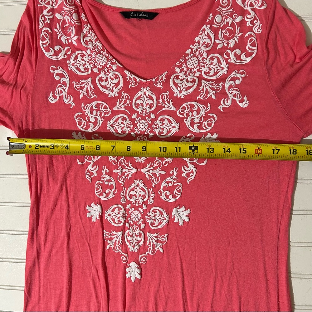 Boho Women’s Dress XL Pink White Mini V-neck Ornate Print Bell Sleeves Stretch - Picture 6 of 8